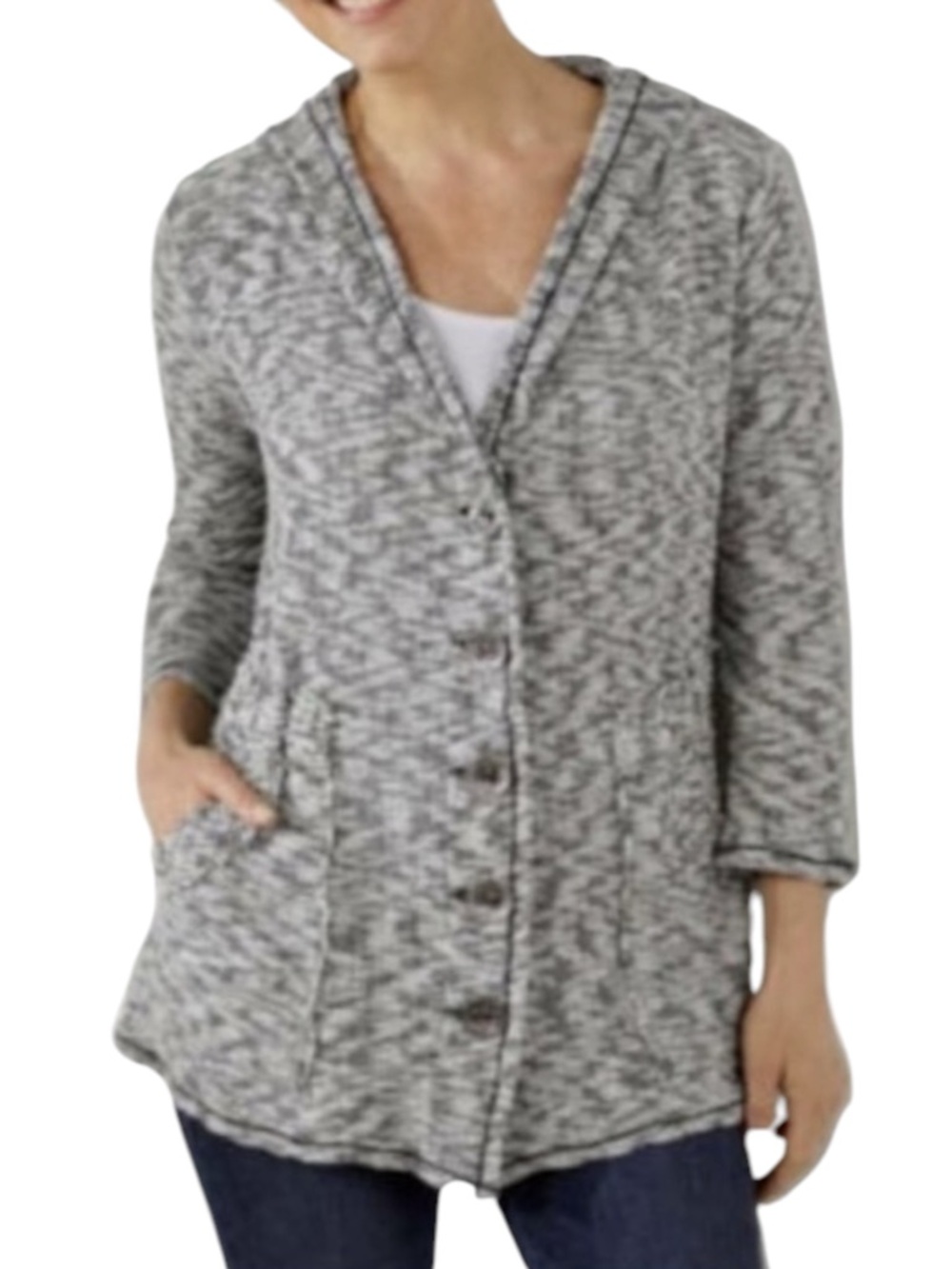 SOFT SURROUNDINGS Tweed Knit Hooded Sweater w/ Pockets 3/4 Sleeve Size Small